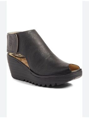 Fly London Yone Black Leather Wedge Peep Toe Size 38